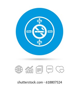 No smoking 10m distance sign icon. Stop smoking symbol. Copy files, chat speech bubble and chart web icons. Vector