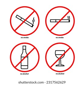 No se han colocado señales vectoriales de consumo de tabaco y alcohol. Conjunto de señales prohibidas aisladas en fondo blanco. No hay alcohol, no se fuma. Iconos vectoriales