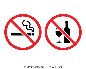 No smoking and no alcohol icon vector. forbidden signs. prohibition of unhealthy habits