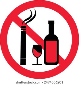 no smoking no alcohol sign wine bottle and glass 