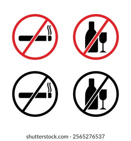 No smoking and no alcohol signs, No Drinking sign, Prohibited Sign, smoking icon and no drinking icon. Vector illustration.