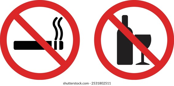 No fumar y no hay signos de alcohol. Icono de no fumar y no beber icono . Ilustración vectorial