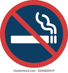 No smoking allowed sign – red circle with diagonal line over white cigarette icon with smoke on dark blue background indicating smoking restriction