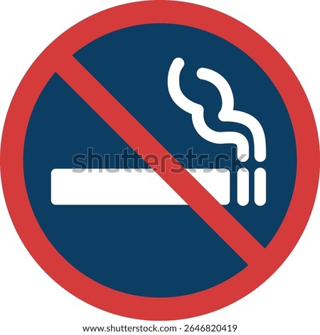 No smoking allowed sign – red circle with diagonal line over white cigarette icon with smoke on dark blue background indicating smoking restriction