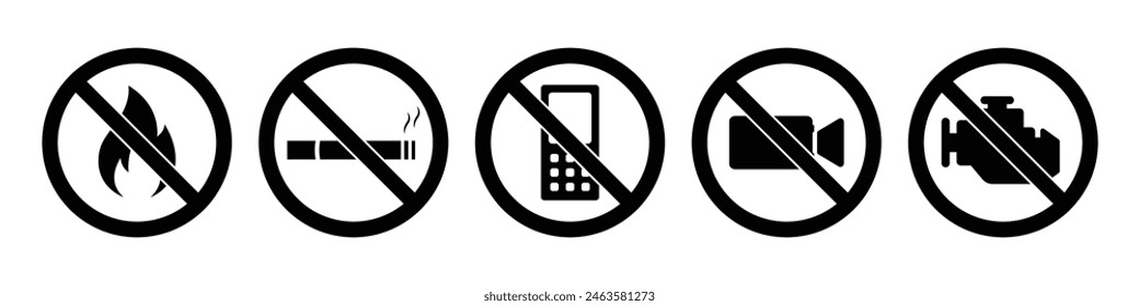 No smoking area, no fire, no cellphone, stop engine restriction ban symbol. Petrol pump safety rules icon set. Warning sign for gas and petroleum in black and white color.