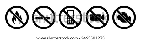 No smoking area, no fire, no cellphone, stop engine restriction ban symbol. Petrol pump safety rules icon set. Warning sign for gas and petroleum in black and white color.