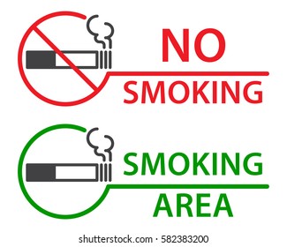 No smoking and Smoking area labels, flat vector illustration