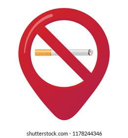 No smoking area marker map pin icon sign 3d realistic gradient styled cigarette in the prohibited forbidden red circle. Symbol of the no smoking area in the map apps isolated on white background