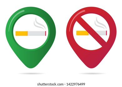 No smoking and smoking area marker map pin icon sign set with flat design gradient styled cigarette in the forbidden red circle. Symbol of the smoking area in the map apps isolated on white background