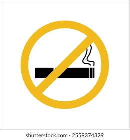 No smoking area road sign isolated on a white background. No smoking sign with a yellow circle. A diagonal line over a black smoking cigarette icon. Prohibited smoke zone poster or sticker.