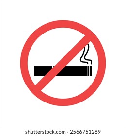 No smoking area road sign isolated on a white background. Non-smoking sticker with a red circle cigarette silhouette. Red caution sign for smoke free zone vector. Smoking prohibited area poster design