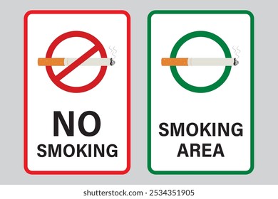 Zona de no fumadores, conjunto de dos carteles o carteles. Se permite fumar, lugar para fumadores. 31 de mayo Día Mundial Sin Tabaco, concienciación. Veneno del cigarrillo. Vertical Anuncio Plantilla. Ilustración vectorial plana