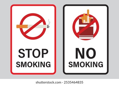 No smoking area, set of two signs or posters. Concept of No smoking and World No Tobacco Day. Stop smoking. May 31st World No Tobacco Day, awareness. Poison of cigarette. flat vector illustration