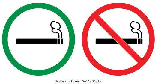 No smoking area and smoking area sign in green and red. No smoking. ban symbol. No smoking symbol. No smoke circle in red. forbidden icon. stop symbol icon set.