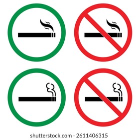 No smoking area and smoking area sign in green and red. No smoking. ban symbol. No smoking symbol. No smoke circle in red. forbidden icon. stop symbol icon set.