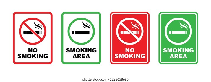 No smoking area and smoking area sign printable red and green stop symbol icon set ban silhouette icon design template.