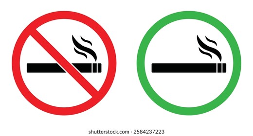 No smoking area and smoking area sign printable red and green color. No smoking, ban. No smoking symbol. no smoke circle in red and green. Forbidden icon. stop symbol icon set.