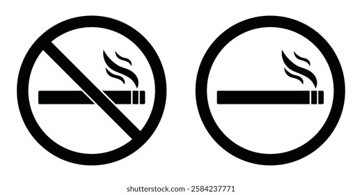 No smoking area and smoking area sign printable black color. No smoking, ban. No smoking symbol. no smoke circle in black. Forbidden icon. stop symbol icon set.