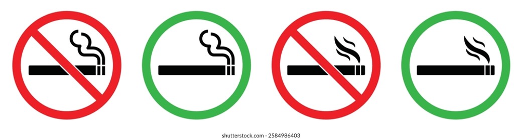 No smoking area and smoking area sign printable red and green color. No smoking, ban symbols. No smoking symbol. no smoke circle in red and green. Forbidden icon. stop symbol icon set.