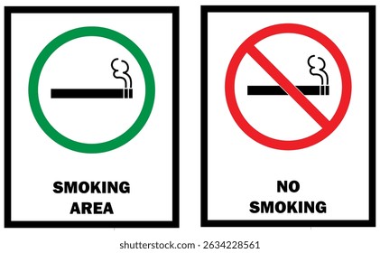 No smoking area and smoking area sign printable red and green colour. No smoking, ban. No smoking symbol. no smoke circle in red and green. Forbidden icon. stop symbol icon set