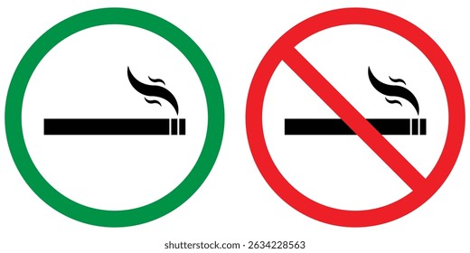 No smoking area and smoking area sign printable red and green colour. No smoking, ban. No smoking symbol. no smoke circle in red and green. Forbidden icon. stop symbol icon set
