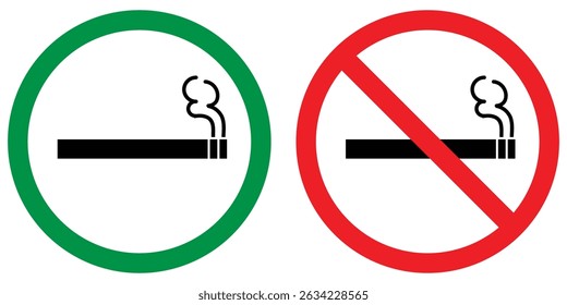 No smoking area and smoking area sign printable red and green colour. No smoking, ban. No smoking symbol. no smoke circle in red and green. Forbidden icon. stop symbol icon set