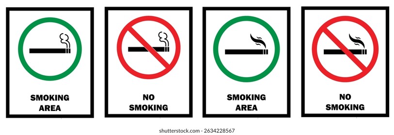 No smoking area and smoking area sign printable red and green colour. No smoking, ban. No smoking symbol. no smoke circle in red and green. Forbidden icon. stop symbol icon set