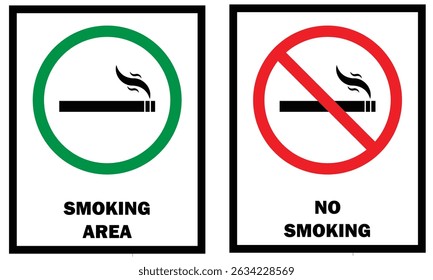 No smoking area and smoking area sign printable red and green colour. No smoking, ban. No smoking symbol. no smoke circle in red and green. Forbidden icon. stop symbol icon set