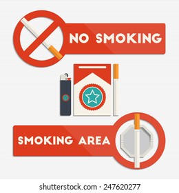 No smoking and smoking area signs with cigarettes and lighter for your design