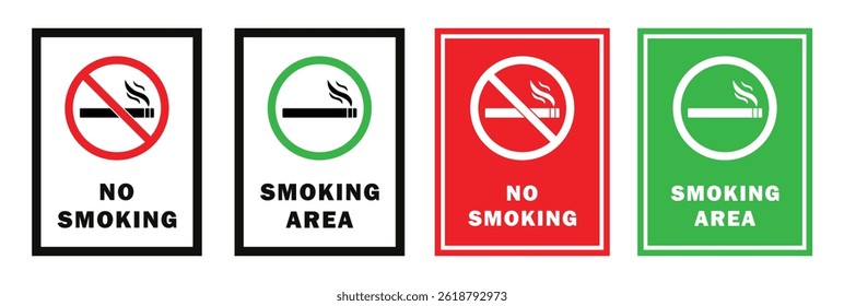 No Smoking and Smoking Area signs in red, green, and white themes. Vector icons for public places, offices, hospitals, airports. Clear, minimal, and easy-to-read safety signage. Cigarette, icons.