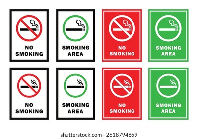 No Smoking and Smoking Area signs in red, green, and white themes. Vector icons for public places, offices, hospitals, airports. Clear, minimal, and easy-to-read safety signage. Icons.