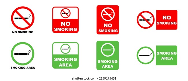 No smoking and smoking area signs vector set. Signboard for smoker. Red and green attention labels.