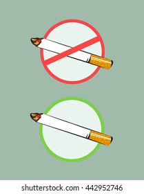 No smoking and smoking area signs. Vector illustrations. Sticker layout