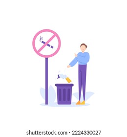 no smoking area. stop smoking for healthy life. discarding bad or unhealthy habits. a man throw away cigarette to the trash bin. no smoking sign. illustration concept design. graphic elements