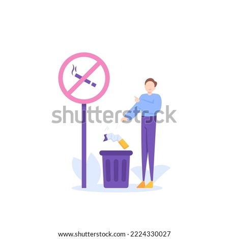 no smoking area. stop smoking for healthy life. discarding bad or unhealthy habits. a man throw away cigarette to the trash bin. no smoking sign. illustration concept design. graphic elements