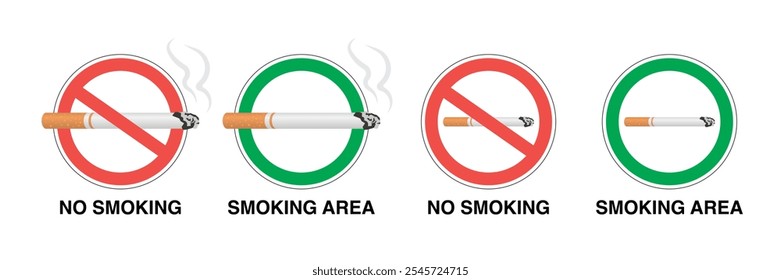 No Smoking and Smoking Attention Signs: Essential Tobacco and Cigarette Restriction Notices and Symbols. Vector.