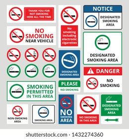 No smoking awareness and prohibition sign icons and banners set of vector illustrations isolated on grey background. Warning and forbidden symbols for no cigarettes zone.