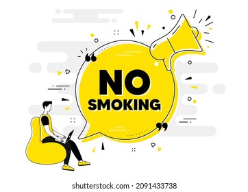 No smoking banner. Alert megaphone chat banner with user. Stop smoke sign. Smoking ban symbol. Now open chat message loudspeaker. Alert megaphone people background. Vector