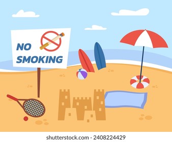 No smoking banner on beach vector illustration. Sunshade, lifebuoy, sand castle and surfboards. Smoking ban in public places concept