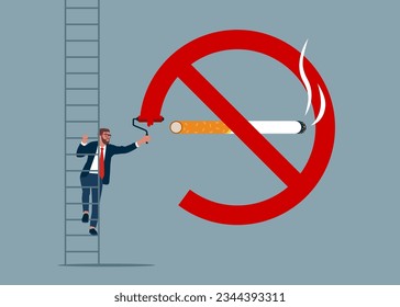 No smoking. Businessman climb up ladder to paint prohibition symbol smoking. Man is fighting to quit smoking. No smoking banner. Vector Illustration.