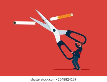 No smoking. Businessman uses scissors to cut cigarette out. Flat vector illustration.