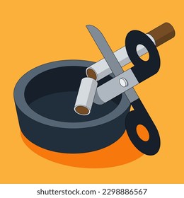 No smoking campaign concept with cigarette cut by scissors isometric flat design style, vector illustration