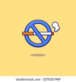 No smoking cartoon style icon illustration. Smoke and prohibition symbol on Yellow background