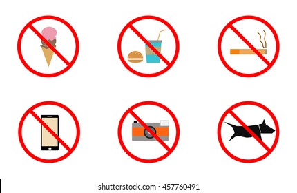 No smoking, No cell phone, No dogs and No eating prohibited signs isolated on white background