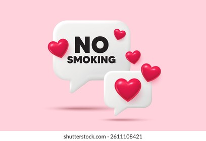 No smoking chat speech bubble. Social media concept. No smoking tag. Stop smoke sign. Smoking ban symbol. 3d hearts chat bubble. Vector