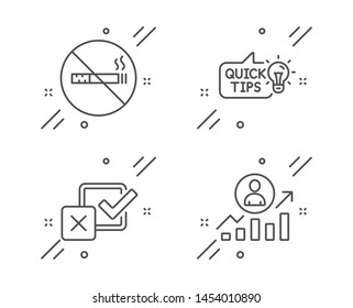 No Smoking, Checkbox And Education Idea Line Icons Set. Career Ladder Sign. Stop Smoke, Survey Choice, Quick Tips. Manager Results. Business Set. Line No Smoking Outline Icon. Vector