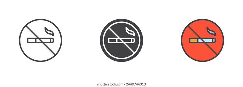 No smoking cigarette different style icon set. Line, glyph and filled outline colorful version, outline and filled vector sign. Symbol, logo illustration. Vector graphics