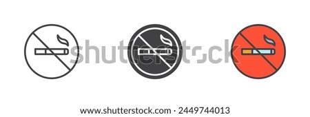 No smoking cigarette different style icon set. Line, glyph and filled outline colorful version, outline and filled vector sign. Symbol, logo illustration. Vector graphics