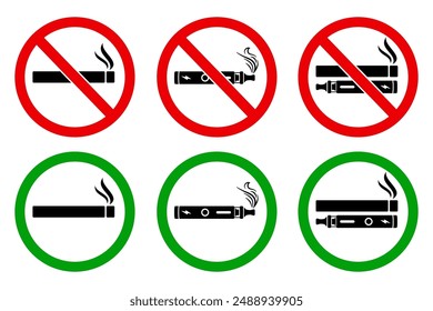 No smoking cigarette vape sign set, cigarette, vape in prohibition circle and green allowed area