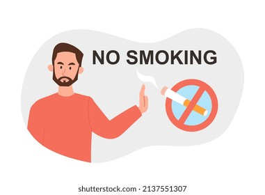 No smoking concept. Man refuses cigarettes, fight against bad habits, health care and sports lifestyle. Man doesnt like tobacco smoke. Rejection of nicotine. Cartoon flat vector illustration